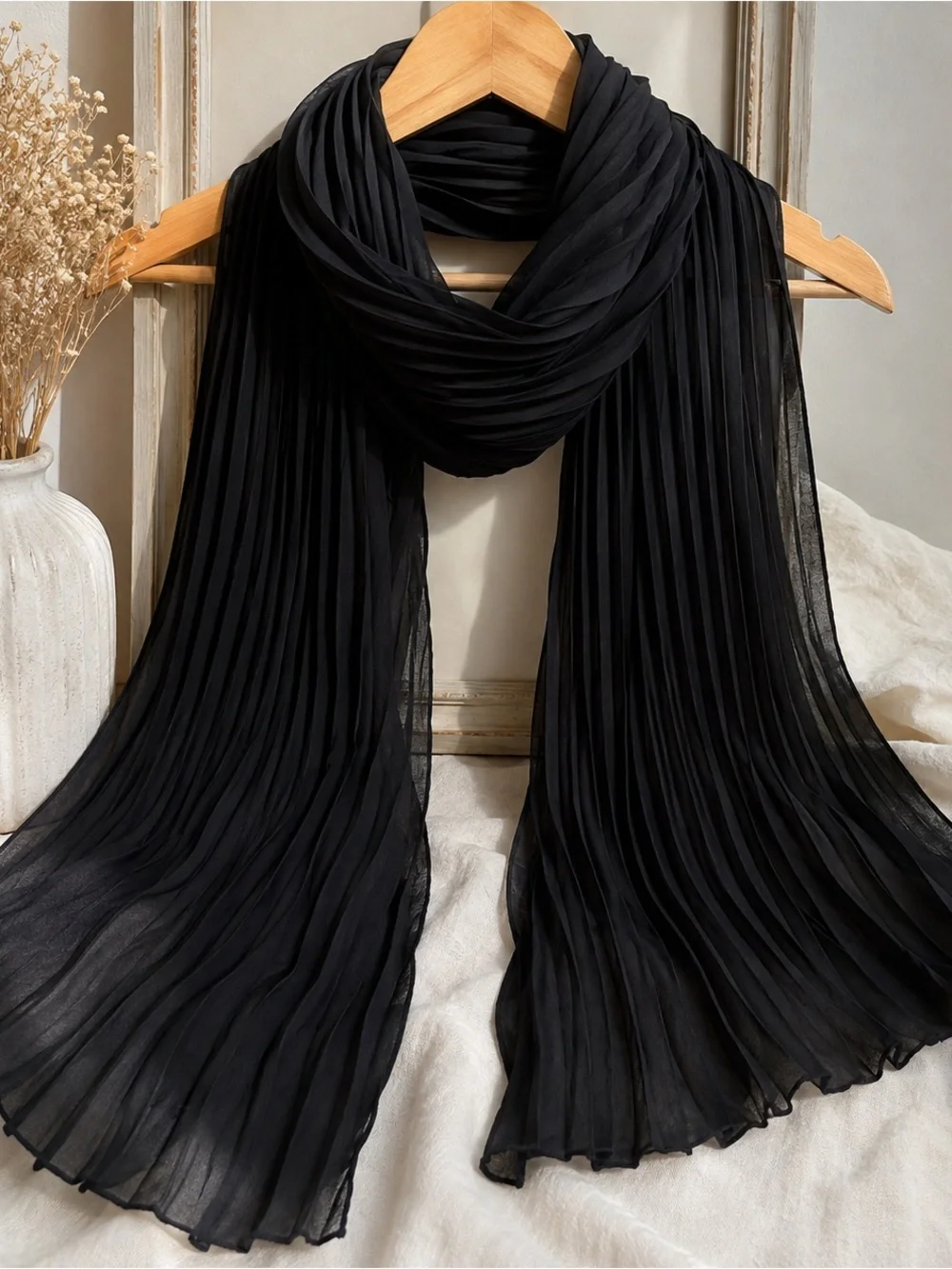 Elegant Black Pleated Chiffon Scarf Wrap Shawl 25x75 Semi Sheer Lightweight